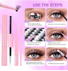 DIY cluster lash kit tools showing bond and seal, pink tweezers and application guide