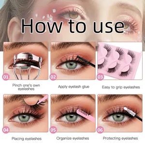 6-Schritte-Anleitung für Fuchsaugen-Wimpern mit rosa Werkzeugen und Anweisungen