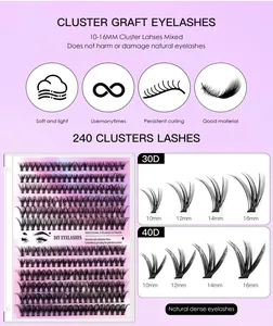 Kit d'extensions de cils DIY 240 clusters styles 30D et 40D mixtes 10mm à 16mm