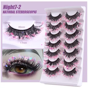 Detail von Night7-2 falschen Wimpern mit lila Pailletten und Größenangaben im Set