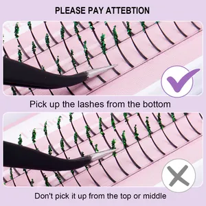 Individual cluster lashes with green glitter tips and tweezers on pink card base