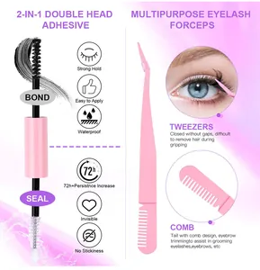 Detailed view of dual-ended eyelash bond seal glue and pink comb tweezer tool set