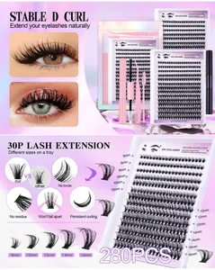 DIY cluster lash extension kit with 280 clusters of D curl lashes, bond, seal and tweezers