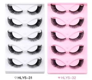 Detailed view of 5 pairs of thick winged faux eyelashes in HLY5-31 and HLY5-32 styles