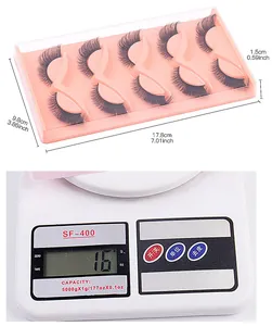 Detailed view of 5 pairs of false eyelashes with packaging dimensions and 16g weight