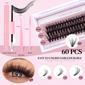 Kit extension ciglia fai-da-te con 60 ciuffi, pinzette, colla e scovolino in rosa