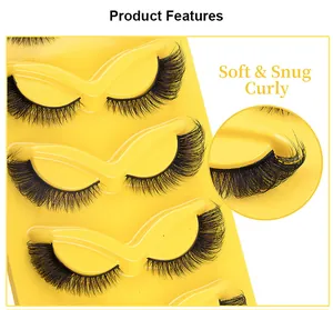 Detail of 5 pairs of soft curly fox-eye false eyelashes with a focus on curved lash fibers