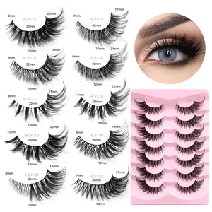 7 pairs of fox-eye false eyelashes with clear bands in various lengths for daily makeup