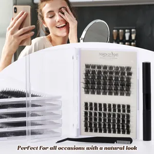 DIY eyelash extension kit with segmented clusters, tweezers and glue for natural volume