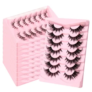7 pairs of thick DIY false eyelashes with clear bands in a pink storage tray