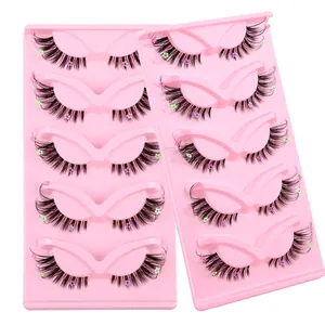 5 pairs of natural fox-style false eyelashes with colorful flower sequins and pink base