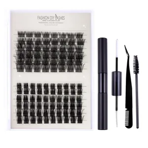 DIY eyelash extension kit with segmented lashes, dual-end glue, tweezers and brush