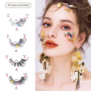 Five pairs of fox-eye false eyelashes with transparent bands and colorful floral sequins