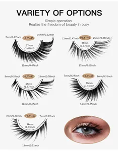Detailed size chart for 5 pairs of thick false eyelashes with lengths in mm and inches
