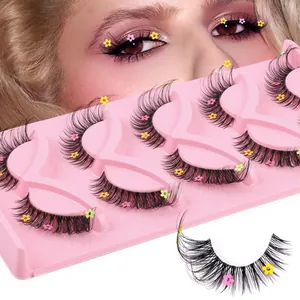 5 pairs of fluffy faux mink eyelashes with cute colorful flower sequins on clear bands