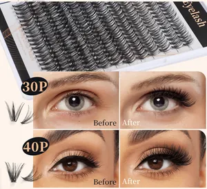 Detail of 30P and 40P cluster eyelashes with before and after volume comparison