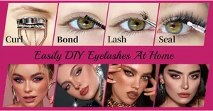 DIY eyelash extension kit showing 4-step application process and four model makeup looks