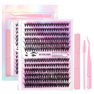 Kit d'extension de cils DIY complet avec cils segmentés, pince et brosse rose