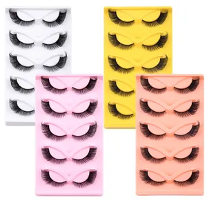 Set of 5 pairs of thick winged faux mink eyelashes in colorful plastic trays