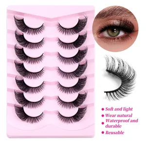 Detail showing 7 pairs of thick fox eye lashes with a natural 3D curl effect on model