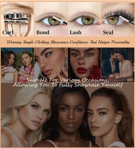 Macro detail of DIY lash extension kit showing bond, seal, and four-step application process