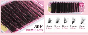 Macro detail of 50-cluster mixed-length lash extensions from 8mm to 16mm in a professional kit