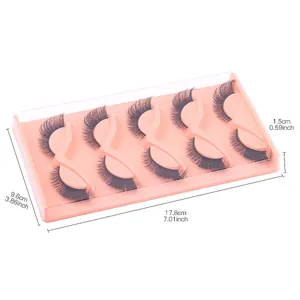 5 pairs of cat eye false eyelashes with length dimensions and pink packaging box