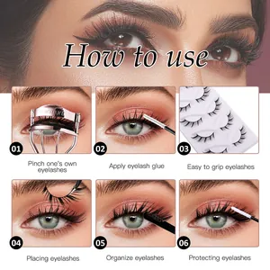 5-pair natural curly false eyelashes set with applicator and eyelash curler tools