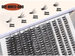 Detailed macro view of 12 rows DIY cluster lashes with 8mm to 16mm varied lengths