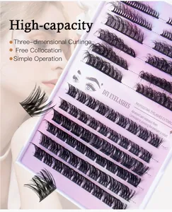 Macro view of high-capacity DIY cluster lash kit featuring 3D curls on purple backing