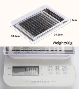 Detailed view of individual cluster lashes box showing dimensions 14.1x10.1x2cm and 60g weight