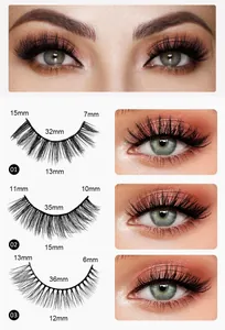 Macro view of segmented false eyelash set with specs for 6mm to 15mm lengths