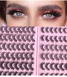 Dettaglio di 30 paia di ciglia finte russa curl su vassoio rosa con effetto trucco occhi