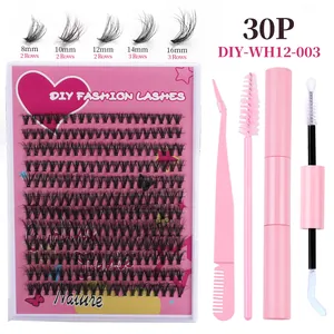 DIY Cluster Wimperset met 240 plukjes, roze pincet, lijm en 8-16mm lange wimpers