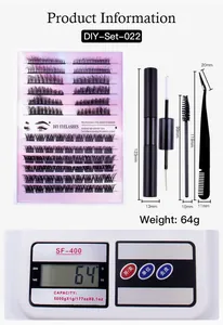 DIY eyelash extension kit with lashes, dual-end adhesive, tweezers and measuring details