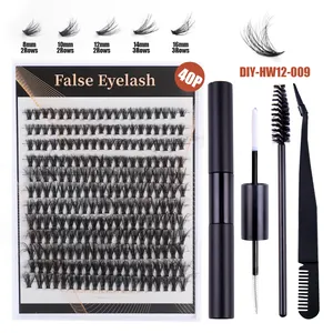 DIY eyelash extension kit with 40 cluster lashes, dual-ended glue, and professional tweezers
