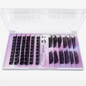Detail of DIY individual lash clusters set in white box with lavender gradient card