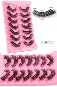 Detail view of 7 pairs of 3D layered eyelashes with length specs on a pink tray