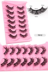 Detail of 7 pairs of thick false eyelashes with length specs 7mm 10mm 13mm and model 7012