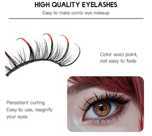 Macro view of manga-style fake eyelashes with red glitter tips and D-curl lash cluster