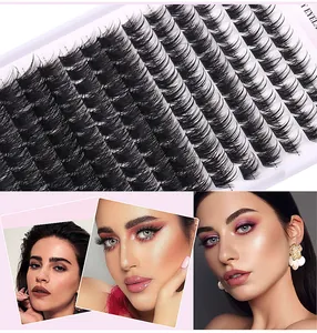 Macro view of segmented false eyelashes with close-up of thick curls and makeup effects
