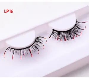 Macro detail of LP16 false eyelashes with black and red gradient feather texture
