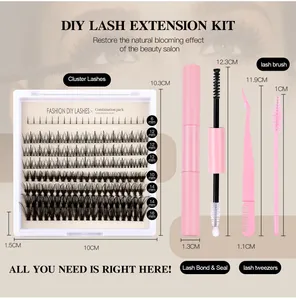 Comprehensive DIY lash extension kit with cluster lashes adhesive and pink tools