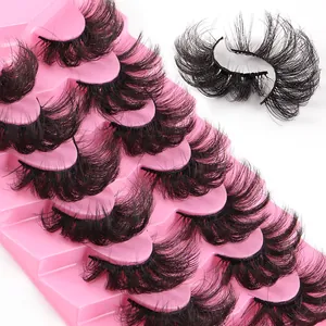 7 pairs of fluffy 3D faux mink eyelashes with dense volume and natural curl on pink tray