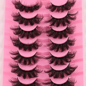 7 pairs of fluffy 3D false eyelashes with thick volume and curls on a pink tray