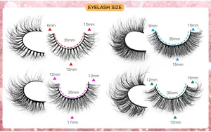 Eyelash size chart showing diverse 6mm-17mm lengths for 4 voluminous faux mink styles