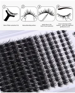 Detail showing high density DIY cluster lashes with step-by-step application instructions