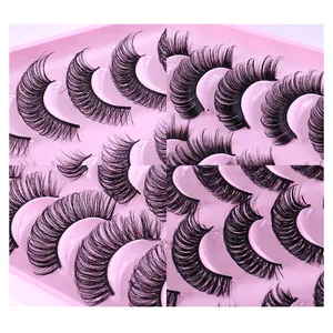 20 pairs of thick D curl Russian strip lashes made of synthetic fibers on pink tray