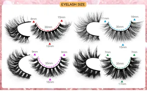 Detailed size chart for 20 pairs of dense faux mink eyelashes showing various lengths and widths