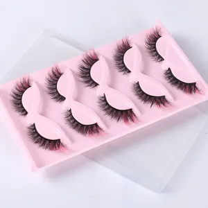 Set de 5 pares de pestañas postizas estilo zorro con fibras densas negras y rosas